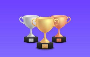 Champion award ceremony concept in cartoon style. Gold silver bronze trophy cups. Game winner prize cups, racing sport trophies, ranking places goblet prize icons vector illustration on purple.