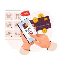Online shopping, payment, bonuses and cashback. Online store in the phone. Shopping online using a mobile app on a smartphone. Vector illustration.