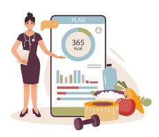 Nutritionist. A mobile application with health monitoring. Weight loss program and diet plan. Diet therapy with healthy food and physical activity. Flat vector illustration