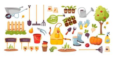 conjunto de jardín, granja y agricultura. Herramientas de jardinería. cosecha. ilustración vectorial de dibujos animados vector
