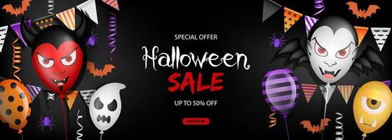 halloween sale banner with colorful balloons and pennants
