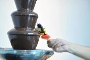 liquid chocolate fountain and fresh fruits on stick photo