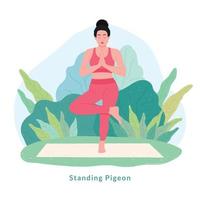 Postura de yoga de paloma de pie. mujer joven mujer haciendo yoga para la celebración del día del yoga. vector