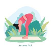 pose de yoga plegada hacia adelante. mujer joven mujer haciendo yoga para la celebración del día del yoga. vector