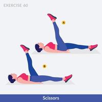 ejercicio de tijeras, fitness de entrenamiento de mujer, aeróbico y ejercicios. vector