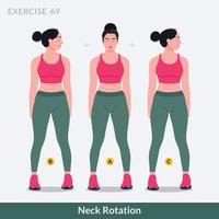 ejercicio de rotación de cuello, fitness de mujer, aeróbic y ejercicios. vector