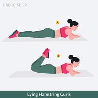 Ejercicio de rizos de isquiotibiales acostados, fitness de entrenamiento de mujeres, aeróbicos y ejercicios. vector