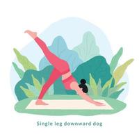 Pose de yoga con una sola pierna hacia abajo para perros. mujer joven mujer haciendo yoga para la celebración del día del yoga. vector