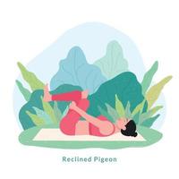 Reclined Pigeon Yoga pose. Young woman woman doing yoga for Yoga Day Celebration. vector