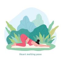 pose de yoga que derrite el corazón. mujer joven mujer haciendo yoga para la celebración del día del yoga. vector