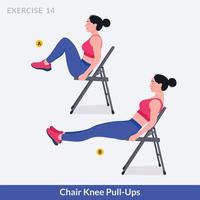 ejercicio de levantamiento de rodillas en silla, entrenamiento de mujer, aeróbic y ejercicios. vector