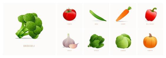 Vector vegetables icons set in cartoon style. Collection farm product for restaurant menu, market label.