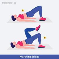 ejercicio de puente de marcha, fitness de entrenamiento de mujer, aeróbico y ejercicios. vector