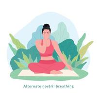 Alternate Nostril Breathing Yoga pose. Young woman woman doing yoga for Yoga Day Celebration. vector