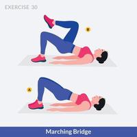 ejercicio de puente de marcha, fitness de entrenamiento de mujer, aeróbico y ejercicios. vector