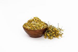 Dried chamomile flowers or Matricaria chamomilla isloated on white background photo