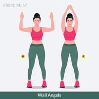 ejercicios de ángeles de pared, fitness de entrenamiento de mujer, aeróbicos y ejercicios. vector