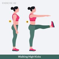 ejercicio de patadas altas para caminar, fitness de entrenamiento para mujeres, aeróbicos y ejercicios. vector