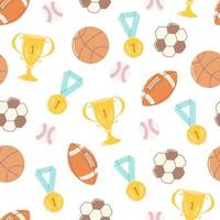 balones deportivos, medallas y copas, baloncesto, beisbol, rugby y futbol. patrón transparente de vector sobre fondo blanco
