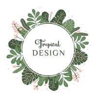 Greeting card with a tropical design. Round frame with leaves and flowers vector