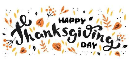 fondo con hojas de otoño y letras dibujadas a mano feliz día de acción de gracias vector