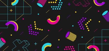 Background in the style of the 80s with multicolored geometric shapes on the black background vector