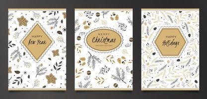 Set of Christmas cards with berries, pine branches and fir cones vector