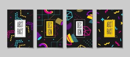 Set cards in the style of the 80s with multicolored geometric shapes on the black background vector