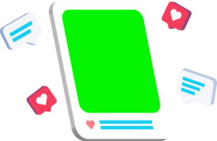 publications sur les réseaux sociaux aimées et commentées avec des modèles d'écran vert illustration 3d png