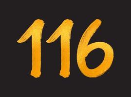 Ilustración vectorial del logotipo de 116 números, plantilla vectorial de celebración de aniversario de 116 años, cumpleaños número 116, números de letras doradas dibujo de pincel boceto dibujado a mano, diseño de logotipo numérico para impresión, camiseta vector