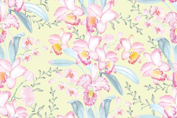 Seamless pattern of orchids drawn with watercolor.Designed with floral patterns elegant. Flower  background.Tropical vegetation for natural style wallpapers.