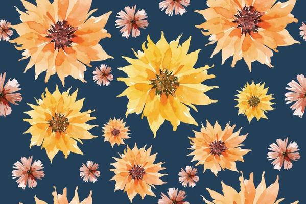 Seamless pattern of sunflower painted with watercolors.Designed for fabric luxurious and wallpaper,  vintage style.Hand drawn floral pattern.Flower background.