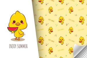 Cute duck eating watermelon in summer cartoon character seamless pattern illustration vector