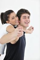 happy young couple fitness workout and fun photo