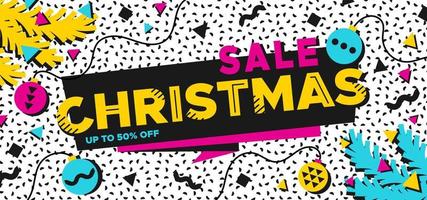 Christmas Sale banner in the style of the 80s with multicolored balls and fir branches vector