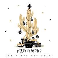 cactus de navidad con bolas, guirnaldas y regalos en el fondo de las estrellas. tarjeta de felicitación con ilustración en estilo dibujado a mano vector