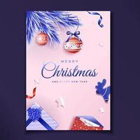 tarjeta de navidad con ramas de pino azul y bolas festivas rojas sobre fondo rosa