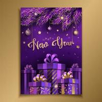 tarjeta de navidad con regalos, ramas de pino y bolas festivas. diseño único para pancarta, afiche o invitación vector