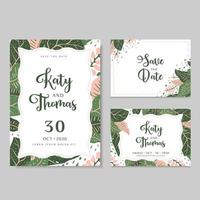 Wedding invitation cards with tropical leaves and flowers vector