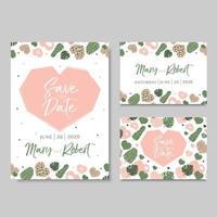 tarjetas de invitación de boda con corazones y hojas tropicales vector