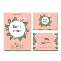 Wedding invitation cards with tropical leaves and flowers vector