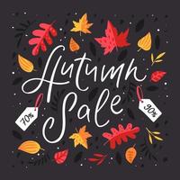 Autumn Sale Background with Falling Autumn Leaves and price tags vector