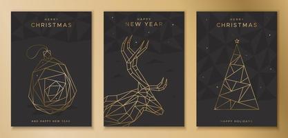 Set of Christmas cards with deer, toy and spruce. Design in geometric style. vector