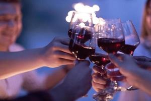 amigos brindando con una copa de vino tinto mientras hacen un picnic cena francesa al aire libre foto