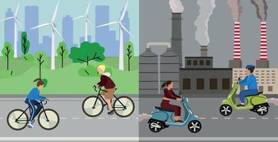 Vector illustration showing clean and polluting electricity generation production. Polluting fossil thermal coal and nuclear power plants versus clean solar panels and wind turbines renewable energy.