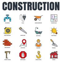 conjunto de ilustración de vector de logotipo de icono de construcción. casa, grúa torre, constructor, sierra manual, enchufe, plomería, bañera y más plantilla de símbolo de paquete para la colección de diseño gráfico y web