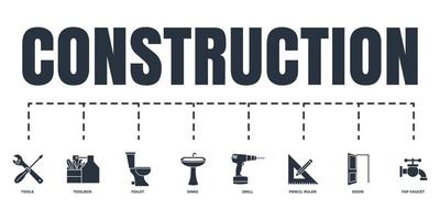 Construction banner web icon set. toilet, tap faucet, tools, toolbox, drill, door, pencil and ruler, sinks vector illustration concept.