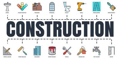 Construction banner web icon set. tools, toolbox, drill, door, color swatch, paint roller, paint bucket and more vector illustration concept.