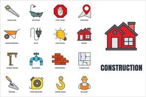 Set of Construction icon logo vector illustration. house, tower crane, builder, hand saw, plug, plumbing, bathtub and more pack symbol template for graphic and web design collection