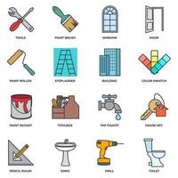 Set of Construction icon logo vector illustration. tools, toolbox, drill, door, color swatch, paint roller, paint bucket and more pack symbol template for graphic and web design collection